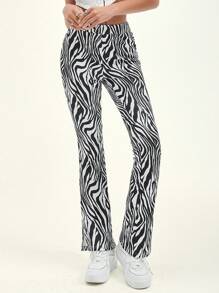Muchica Split Hem Zebra Striped Pants - Black and White - View 1