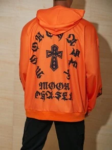 Men Chinese Letter & Cross Graphic Drop Shoulder Hoodie - Orange - View 3