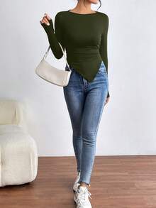 SHEIN Essnce Camiseta unicolor fruncido lateral bajo asimétrico - Verde militar - Ver 4