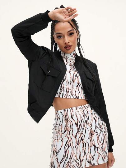 SHEIN EZwear Zip Up Flap Pocket Front Bomber Jacket