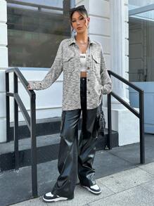 SHEIN EZwear 段染落肩袖翻蓋口袋外套 - 黑色 - 查看 6