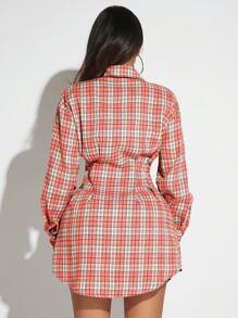SHEIN SXY 格紋印花落肩袖襯衫洋裝 - 粉色 - 查看 2