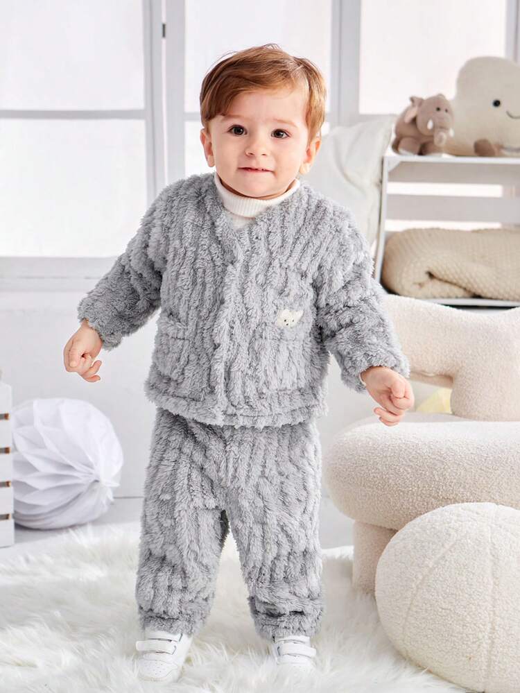 男嬰卡通刺繡法蘭絨夾克和褲子 - 彩色 - 查看 4