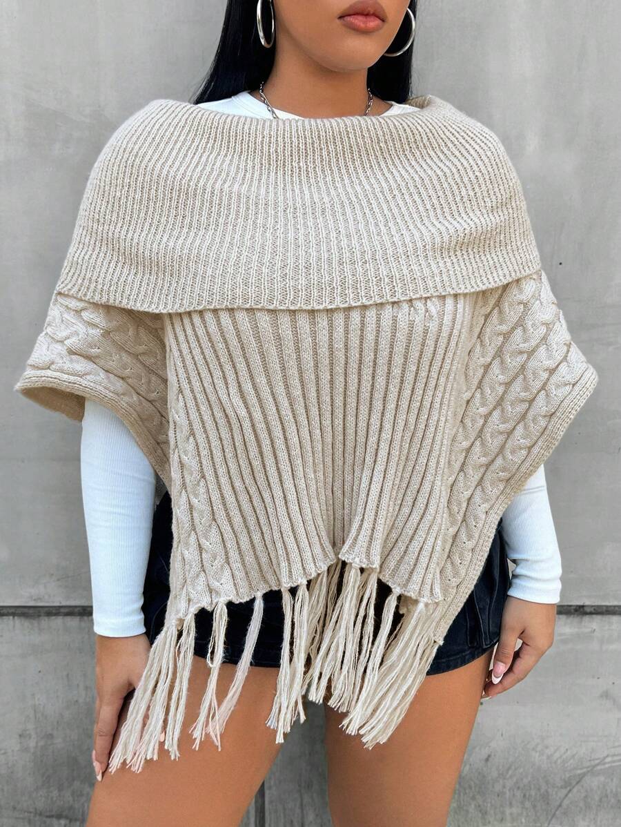 Flirla Plus 1 pièce Poncho Pliable Col Bardot À Franges Manches Chauve-Souris