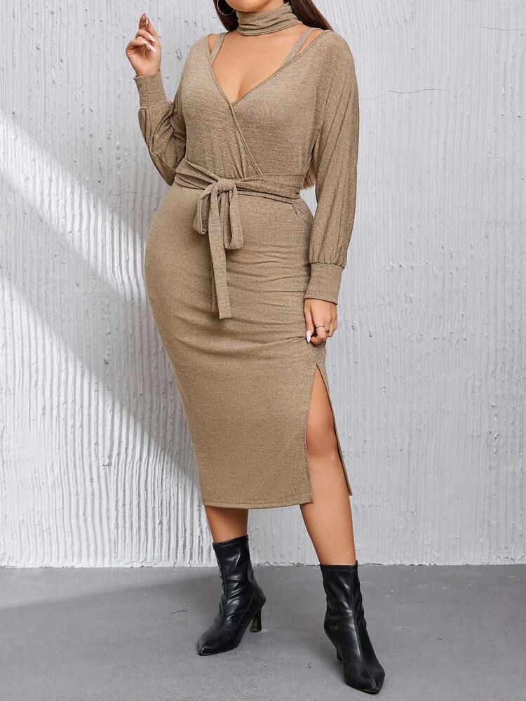 Plus Solid Cutout Shoulder Split Thigh Belted Dress