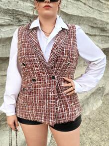 SHEIN Privé Plus Plaid Double Breasted Vest Tweed Jacket - Multicolor - View 4