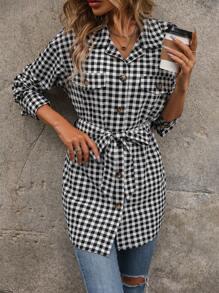 SHEIN LUNE Bản in Gingham Chi tiết về Flap Thả vai Thắt lưng áo - Đen và trắng - Xem 5