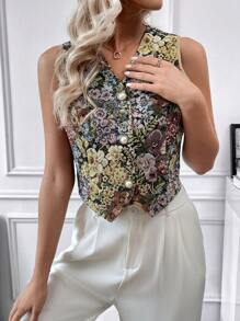 SHEIN Privé 印花前紐扣馬甲西裝外套 - 彩色 - 查看 3