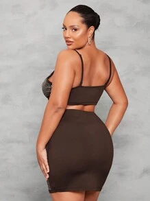 SHEIN BAE Plus Rhinestone Crop Cami Top & Bodycon Skirt - Coffee Brown - View 2