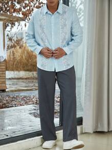 Manfinity Homme Men's Plus Size Flower Print Shirt And Pants Set - Baby Blue - View 3