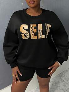 Slaydiva 大碼字母圖案落肩袖運動衫 - 黑色 - 查看 6