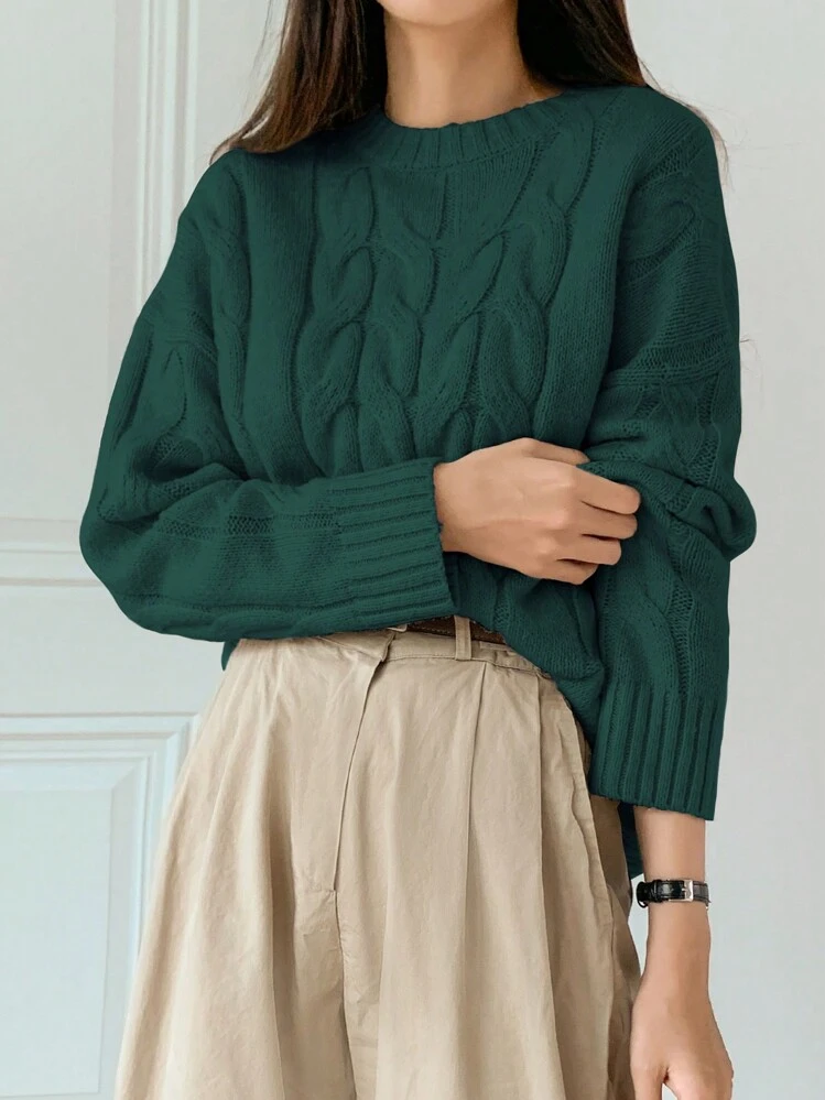 Dazy Star Solid Cable Knit Drop Shoulder Sweater,Fall Clothes