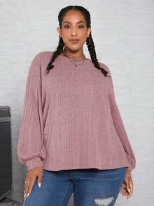 SHEIN CURVE+ Hơn Thả vai Đồ đan Ribbed Áo thun - Bụi hồng - Xem 3