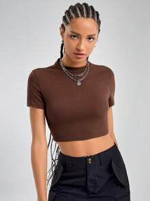 SHEIN EZwear Mock Neck Crop Tee - Coffee Brown - View 6