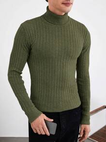 EURMUSE Men High Neck Ribbed Knit Sweater - Army Green - View 3