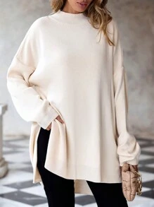 RueChic Plus Button Detail Drop Shoulder Split Hem Sweater, For Winter - Beige - View 5