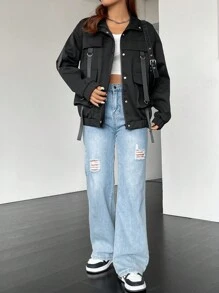 Muchica 翻蓋口袋落肩袖拉鍊夾克 - 黑色 - 查看 4