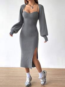 SHEIN EZwear Solid Split Thigh Cami Sweater Dress & Cardigan - Grey - View 1