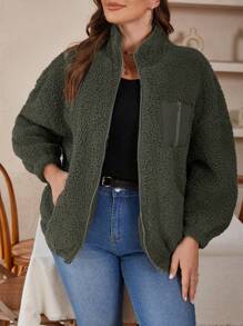 SHEIN LUNE Plus Zip Up Drop Shoulder Jacket - Green - View 5