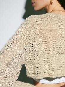 DAZY Pointelle Knit Open Front Crop Cardigan Without Cami Top - Beige - View 4