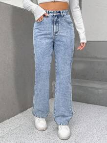 SHEIN PETITE Zipper Fly Flare Leg Jeans - Light Wash - View 1