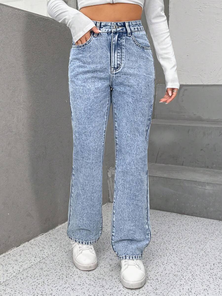 SHEIN PETITE Zipper Fly Flare Leg Jeans - Light Wash - View 1