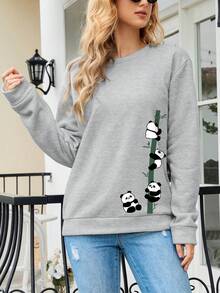 SHEIN EZwear 熊貓印花落肩袖運動衫 - 淺灰色 - 查看 5