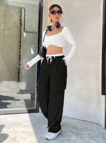 SHEIN Unity Ca-vát Backless Áo phông Crop & Eo dây rút Quần Cargo - màu đen - Xem 5