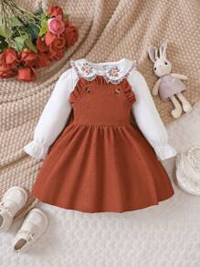 女嬰花卉刺繡荷葉袖上衣&背帶洋裝