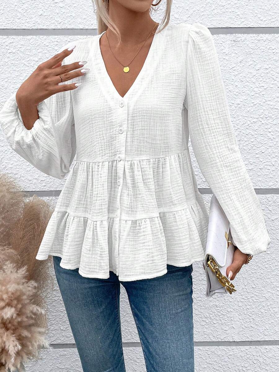 SHEIN LUNE Solid Button Front Bishop Sleeve Peplum Blouse - White - View 1