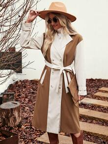 SHEIN Essnce 雙色雙排釦腰帶風衣外套 - 卡其色 - 查看 5