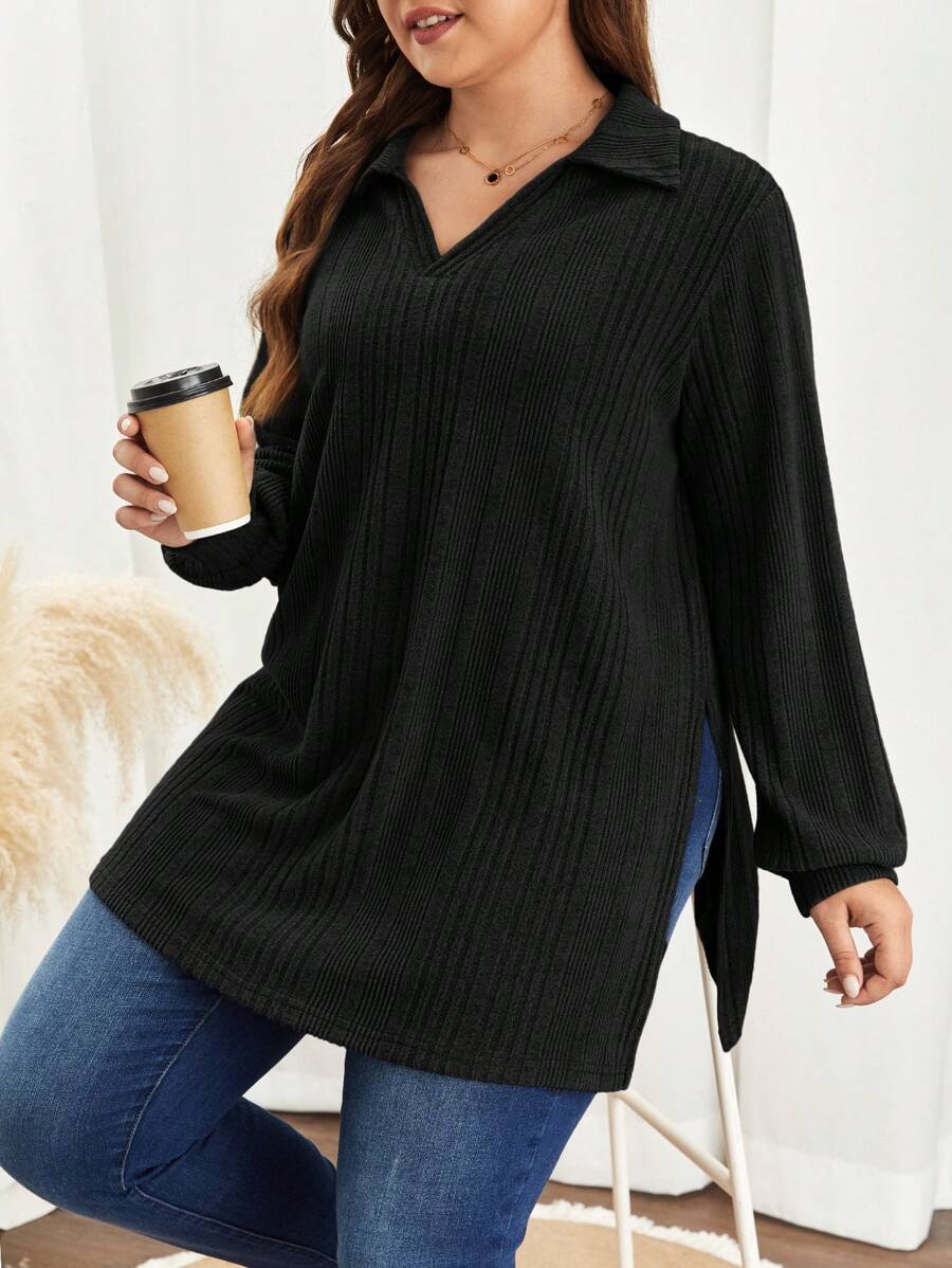 SHEIN Frenchy 女士大碼條紋灰燈芯絨襯衫 - 黑色 - 查看 1