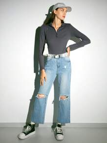 DAZY 纯色半拉链T恤，秋季服装长袖女式上衣 - 深灰色 - 查看 4