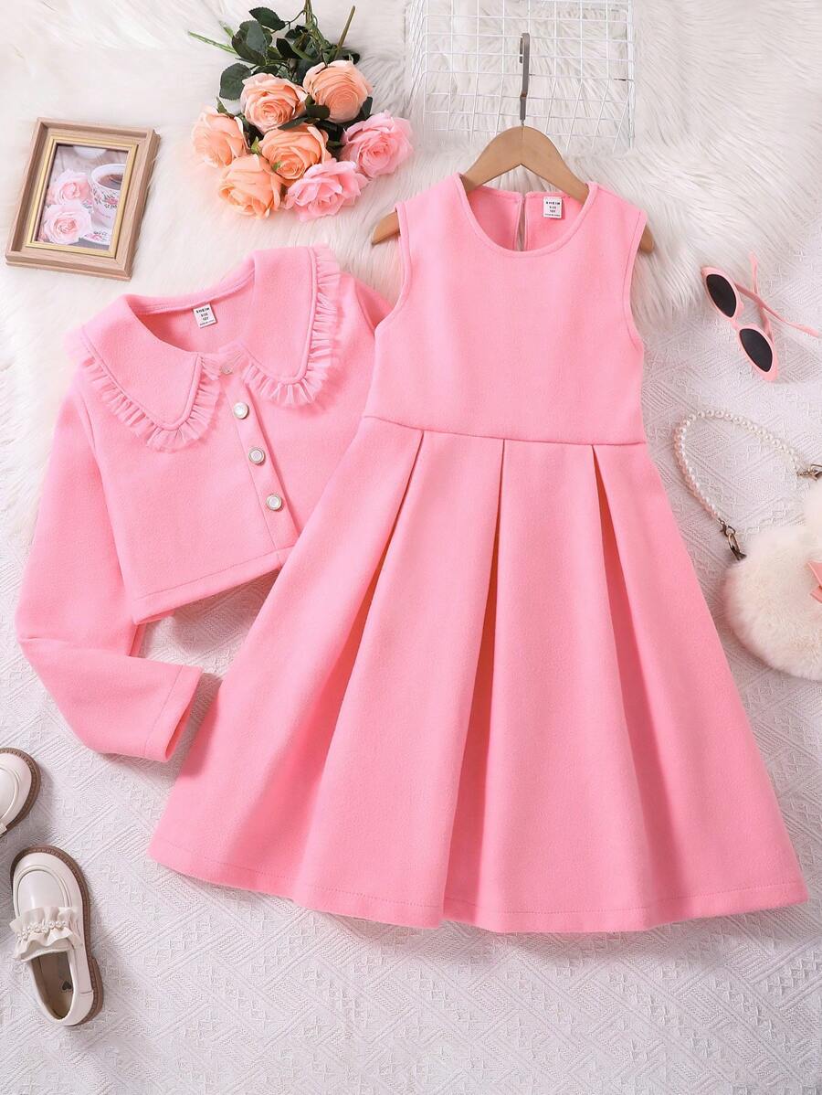 SHEIN Tween Girl Mesh Frill Trim Jacket & Pleated Dress - Pink - View 1