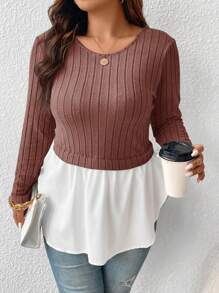 SHEIN Frenchy Plus Size Women's Ribbed Ruffle Hem T-shirt - Pink - View 1