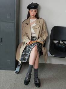 Tay Raglan Đôi ngực Thắt lưng Áo khoác Trench - Màu Khaki - Xem 6