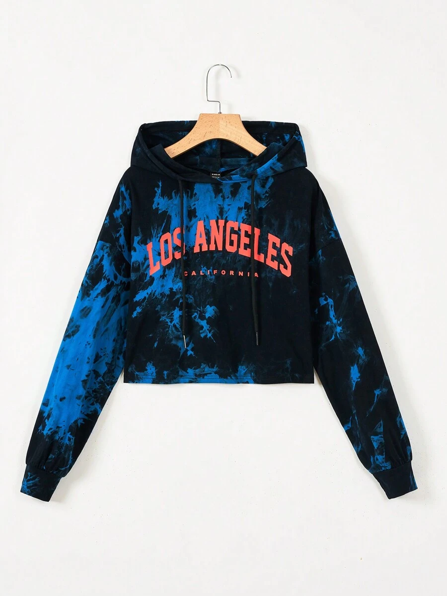 SHEIN Coolane Tie Dye Letter Graphic Drop Shoulder Drawstring Hoodie - Blue - View 1