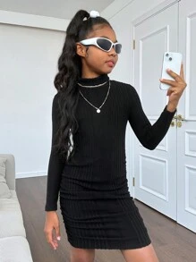少女运动街头风针织纯色迷你立领长袖连衣裙 - 黑色 - 查看 1