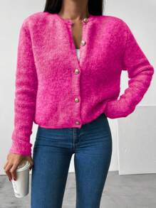 EURMUSE Solid Button Front Cardigan - Pink - View 5