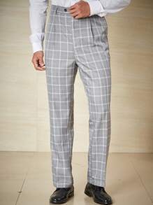 Manfinity Mode 男士大码格紋印花斜口袋西裝褲 - 灰色 - 查看 5