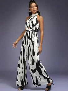 Hauture Mono Abstracto De Pierna Ancha Con Escote Halter