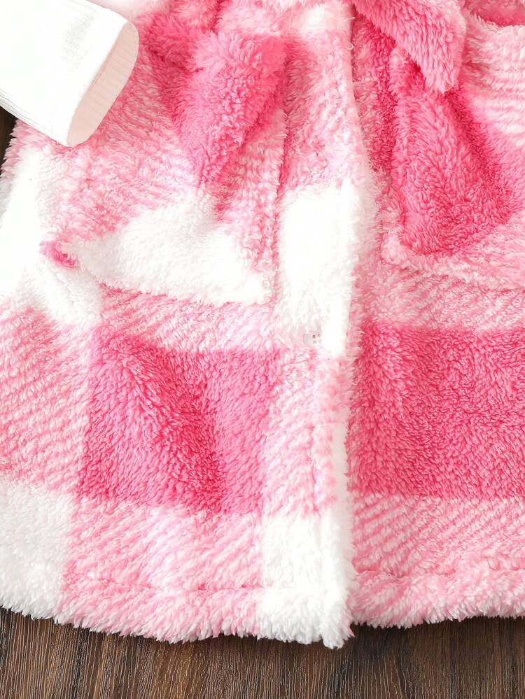 Tween Girl 1pc Plaid Print Belted Teddy Vest Coat & 1pc Tee