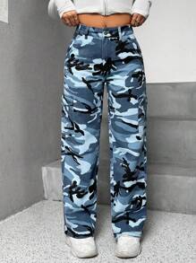 SHEIN PETITE Camo Print Flap Pocket Side Cargo Jeans - Multicolor - View 3