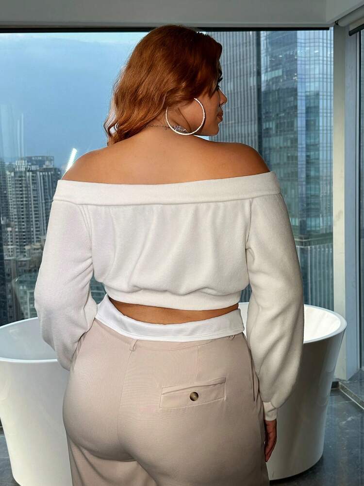Plus Off Shoulder Zip Up Fleece Sweatshirt