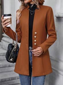 SHEIN Clasi Solid Button Detail Overcoat - Brown - View 1