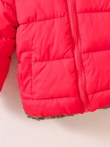 Young Boy Reversible Zipper Up 3D Ears Hooded Padded Coat - Red - View 4