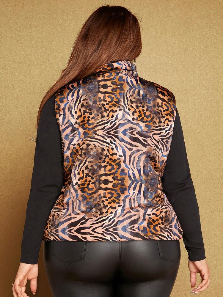 Plus Leopard Print Zipper Vest Coat