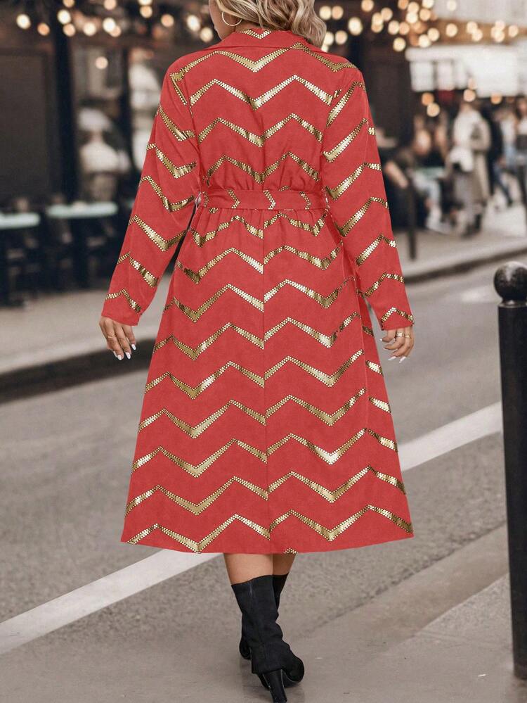 Plus Chevron Print Belted Shirt Dress