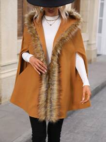 SHEIN LUNE Fuzzy Trim Hooded Cape Overcoat