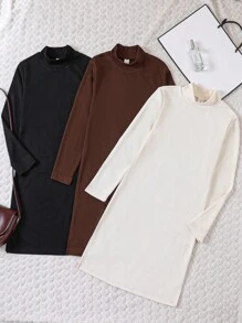 SHEIN Cô gái Tween 3pcs Cổ giả Đồ đan Ribbed Váy áo thun - Đen và trắng - Xem 1